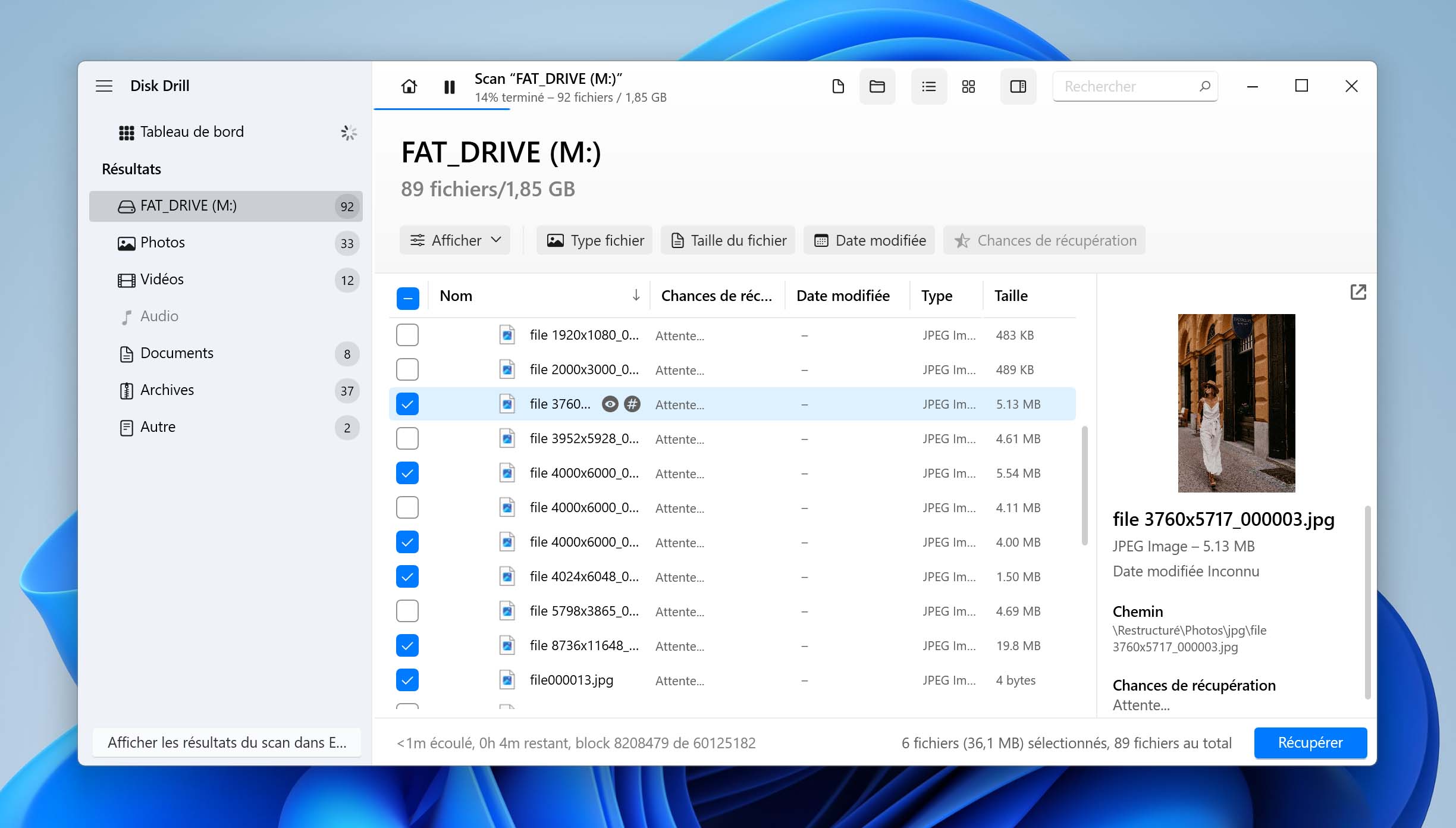 previsualisez et selectionnez les fichiers a recuperer a partir de la partition fat