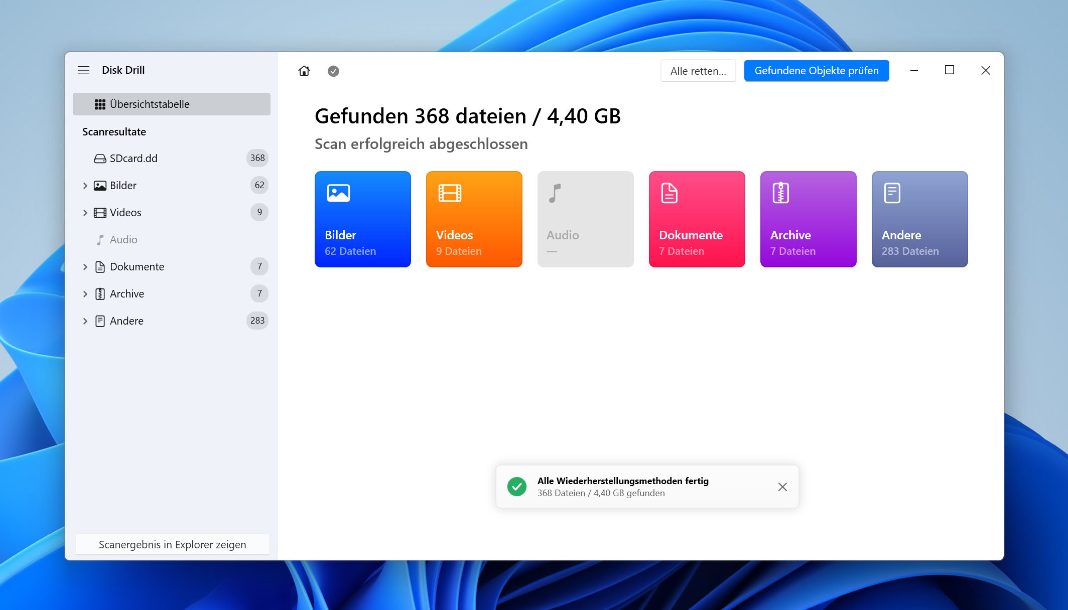 scanvorgang im disk drill abgeschlossen