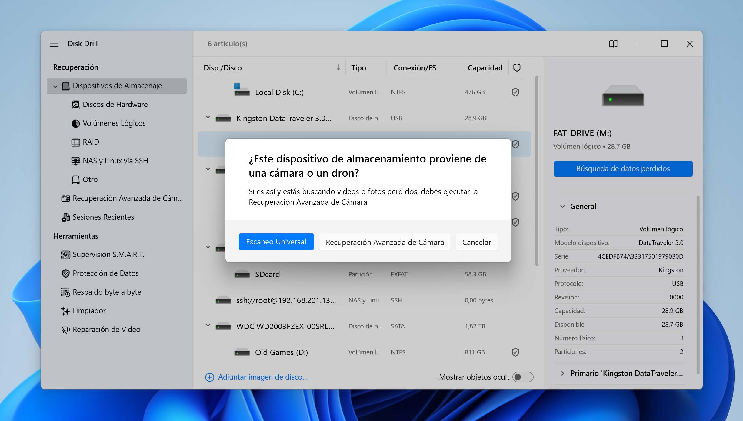 seleccione el escaneo universal para buscar archivos
