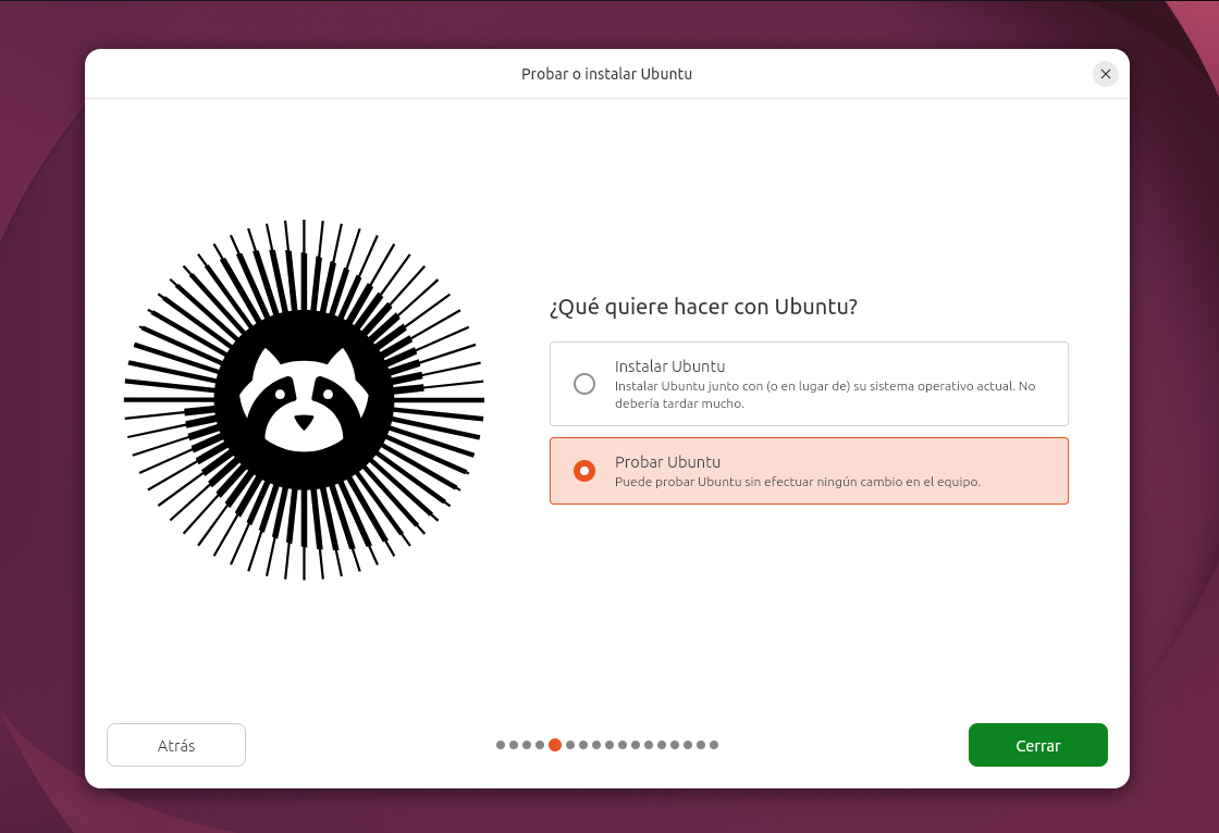 seleccionar probar Ubuntu