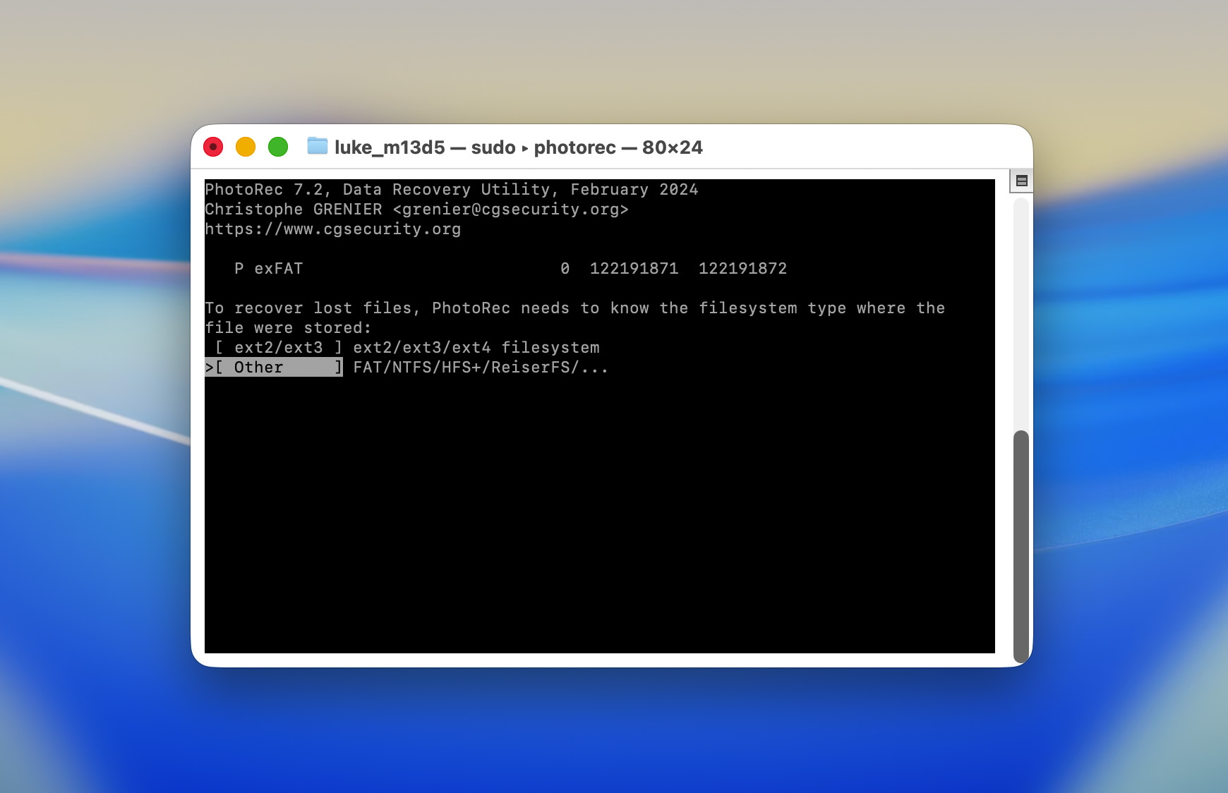 Mac Terminal PhotoRec choisir le système de fichiers