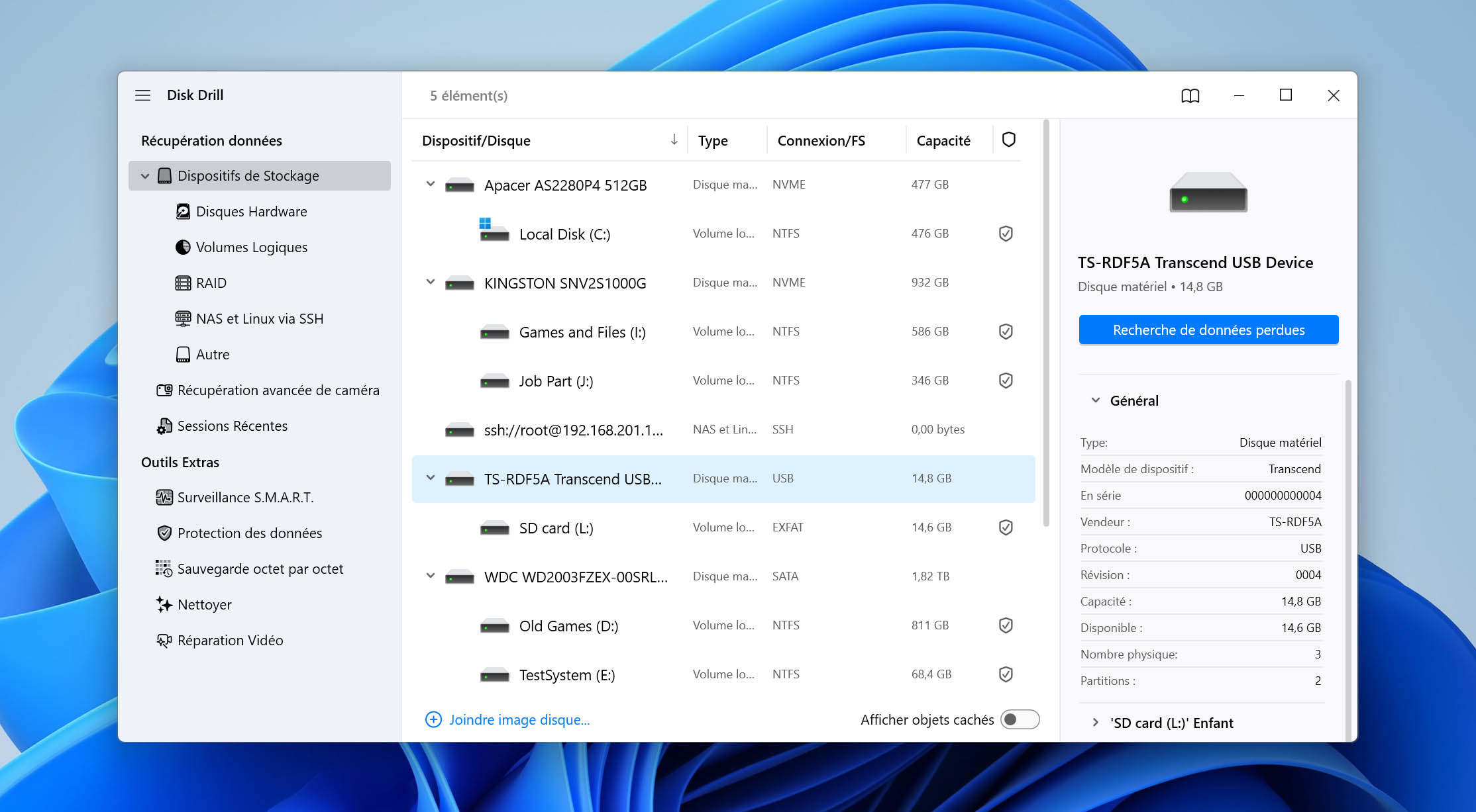 Sélectionnez la carte SD formatée et lancez l'analyse dans Disk Drill