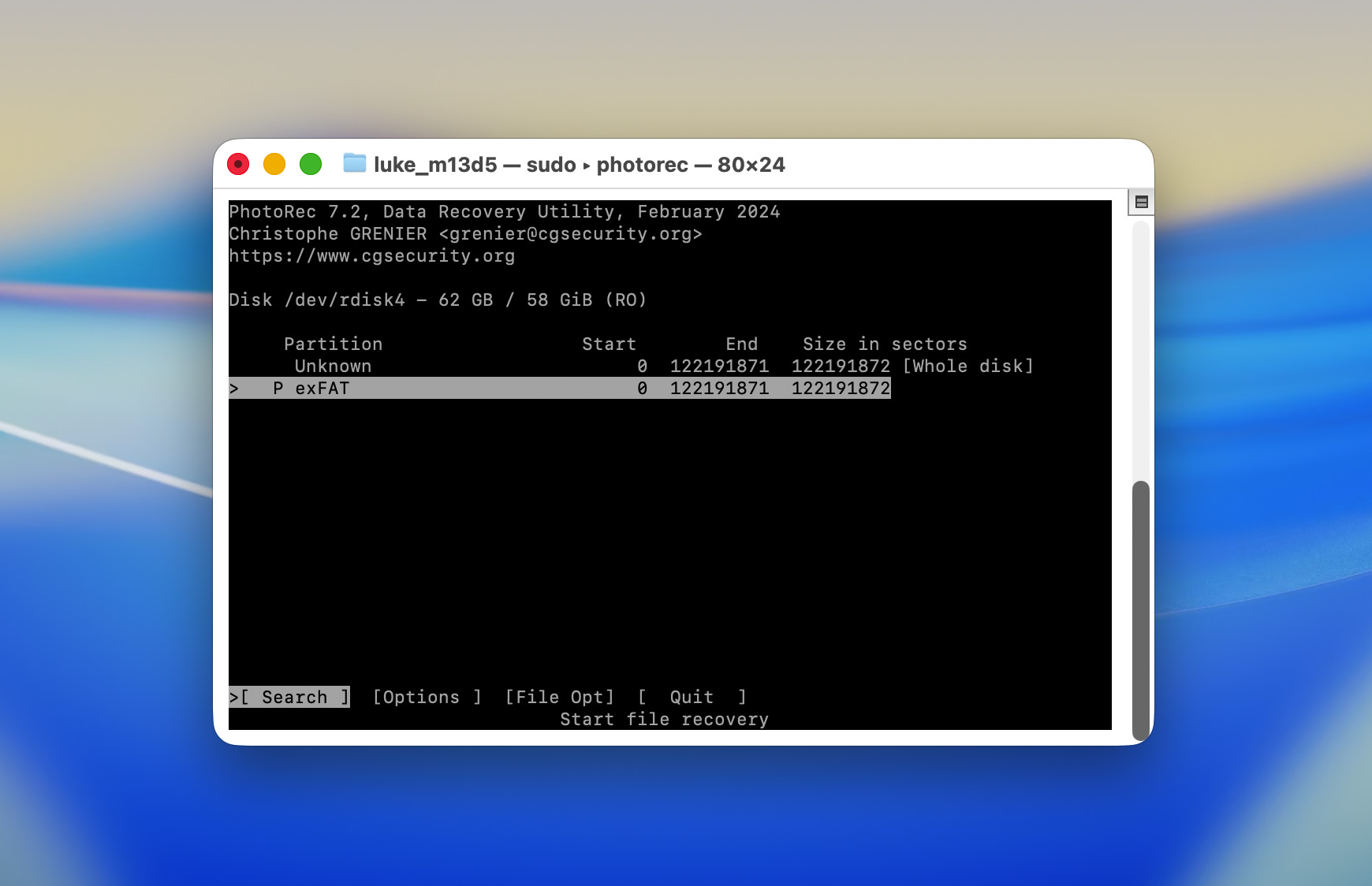 Mac Terminal PhotoRec sélectionner la partition
