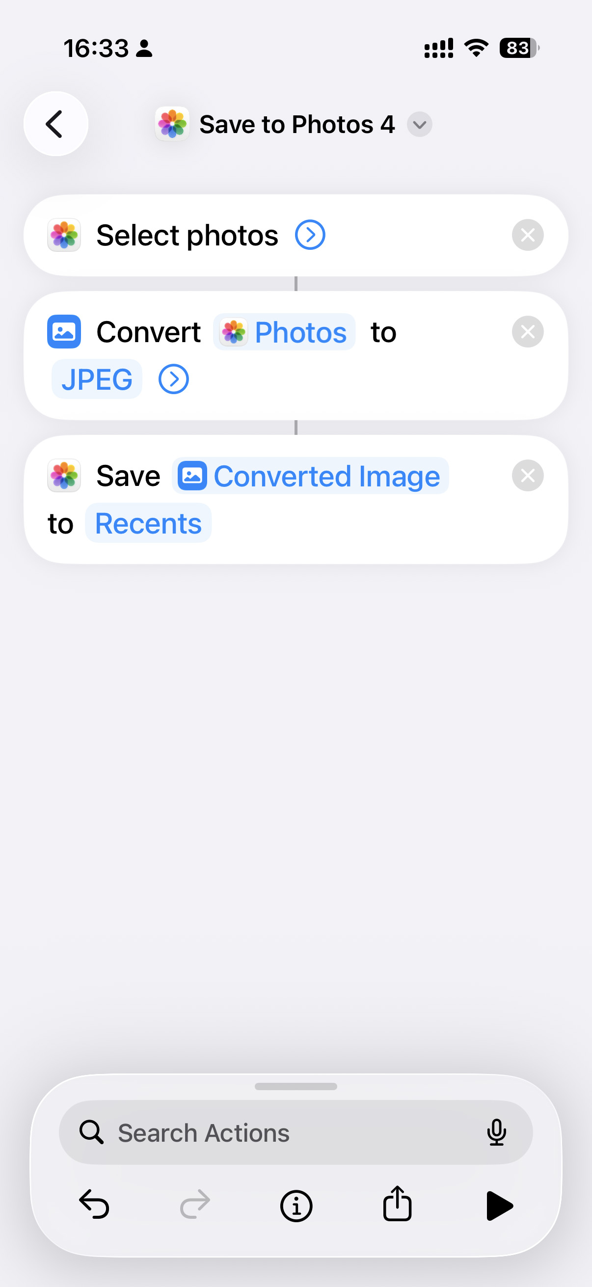 Save converted images to Photos in Shortcuts.