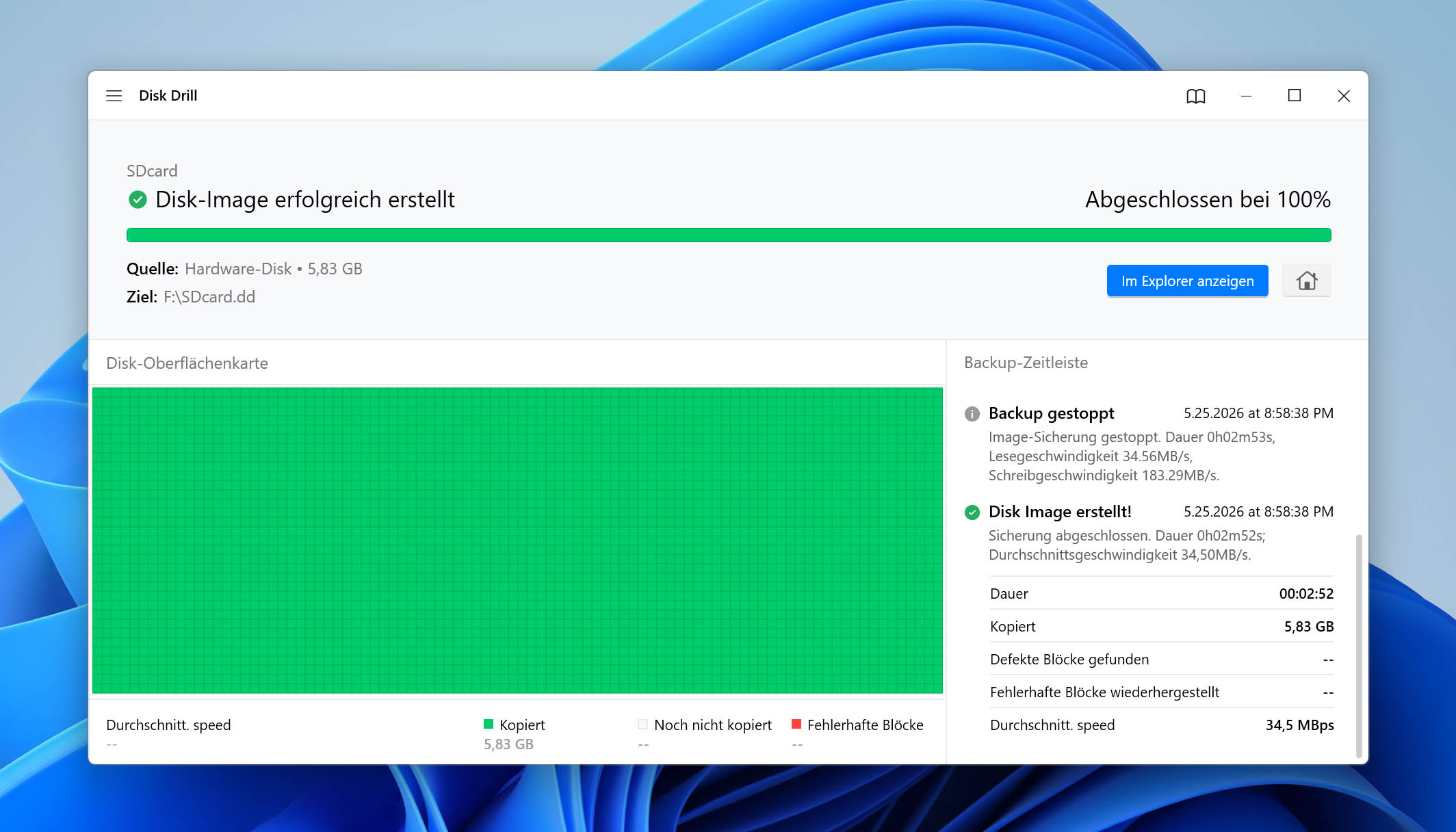 sicherungsvorgang in disk drill abgeschlossen