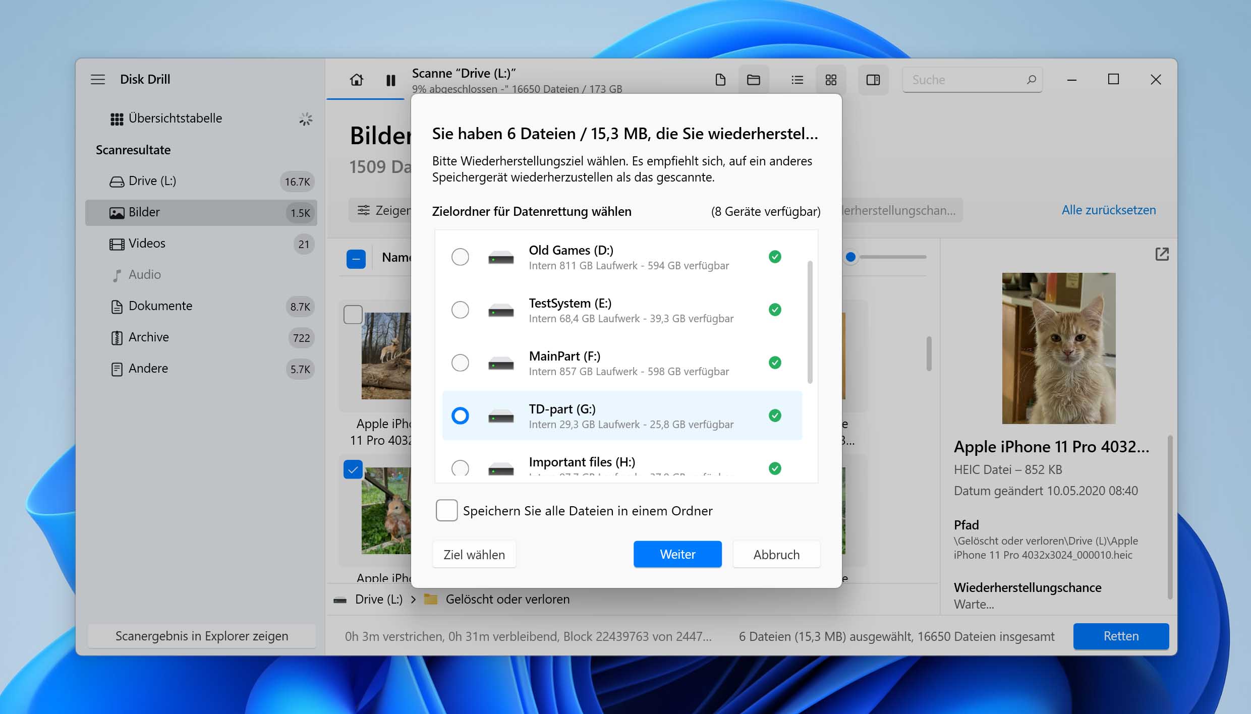 Wählen Sie den Wiederherstellungsort für Dateien von der externen Festplatte.
