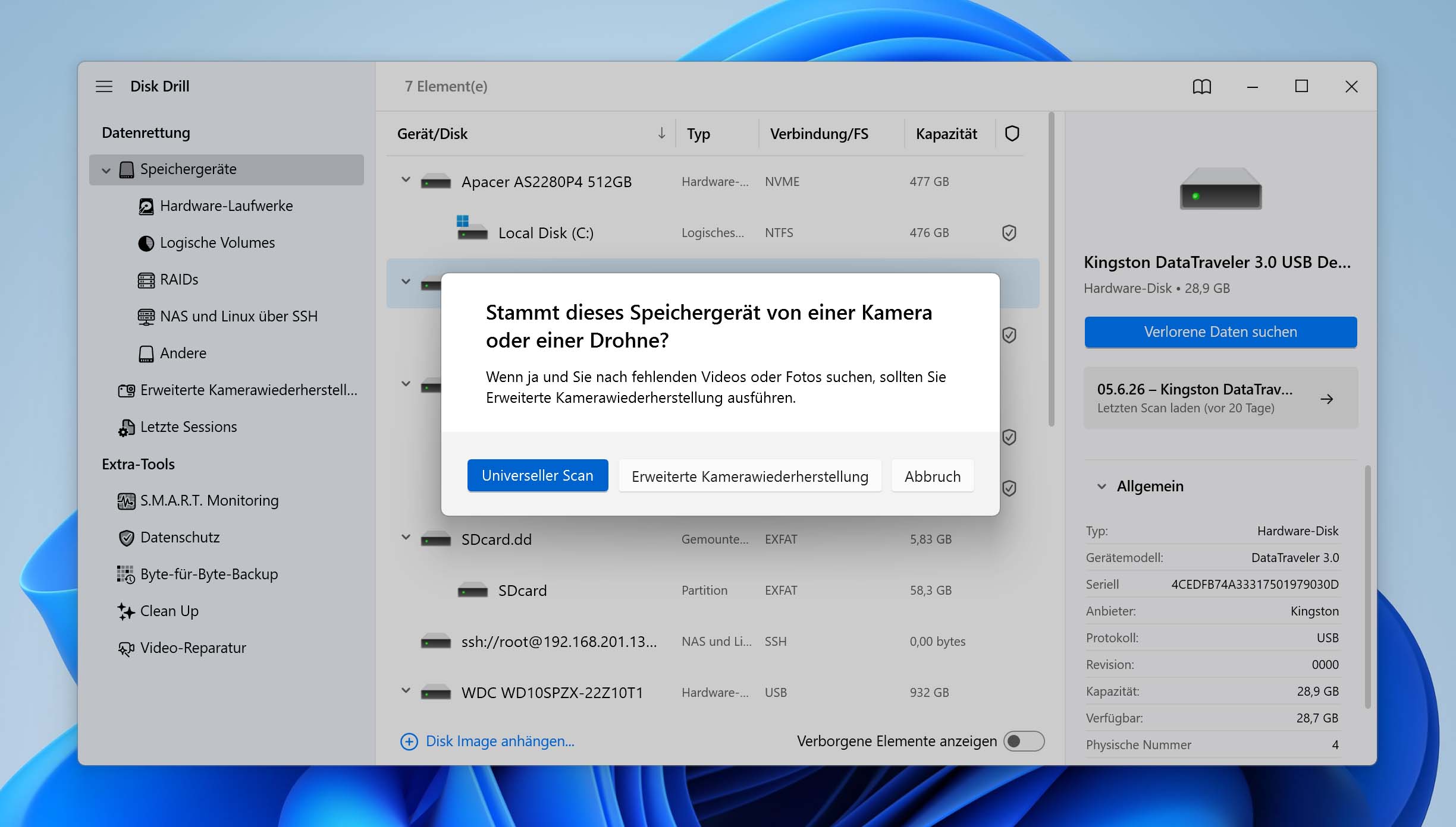 wahlen sie die scanmethode in disk drill aus