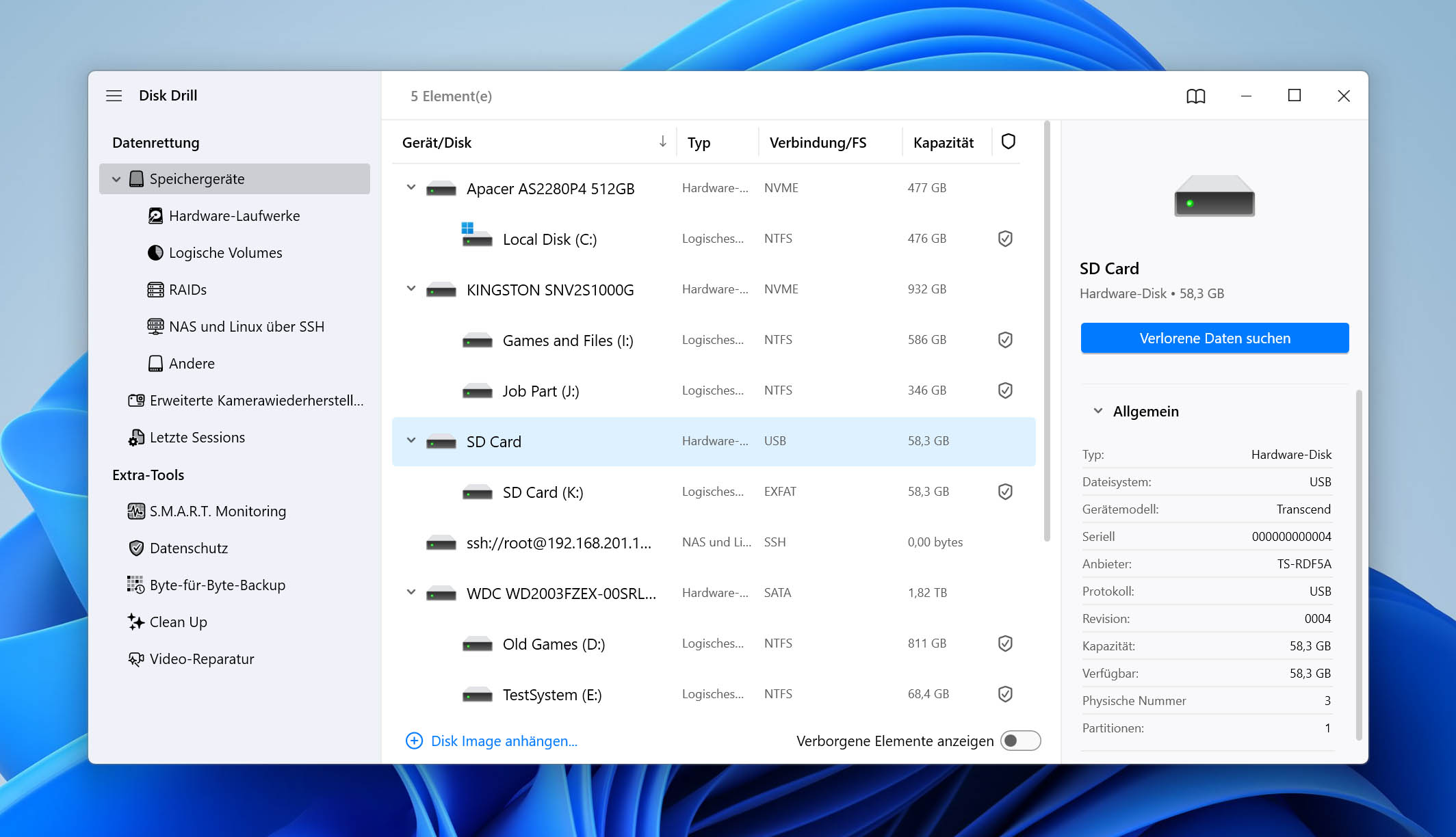 Formatierte SD-Karte auswählen und Scan in Disk Drill starten
