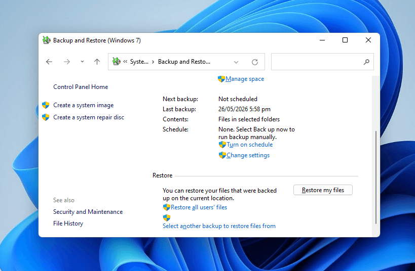 Restore my files button in the Backup and Restore (Windows 7) menu