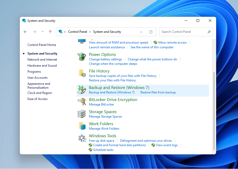 System and Security menu with the Backup and Restore option selected