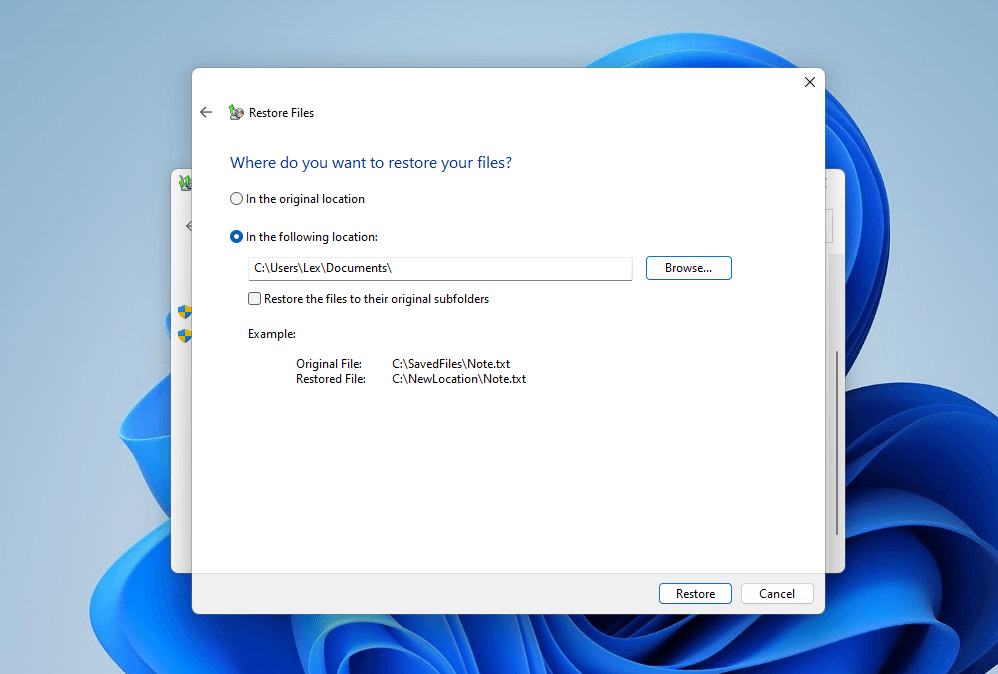 Setting the destination folder for the Backup and Restore operation