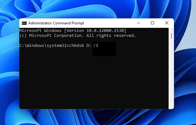 Running chkdsk /f command on the D drive