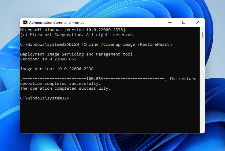 Running the Restore Health command with the DISM system tool