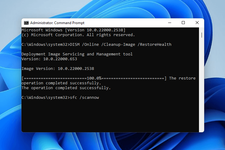 Running the scannow command with the SFC tool in Command Prompt