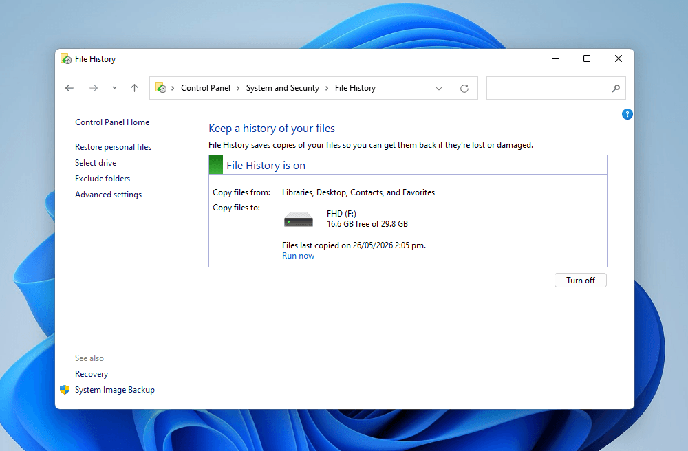 File History page in Control Panel