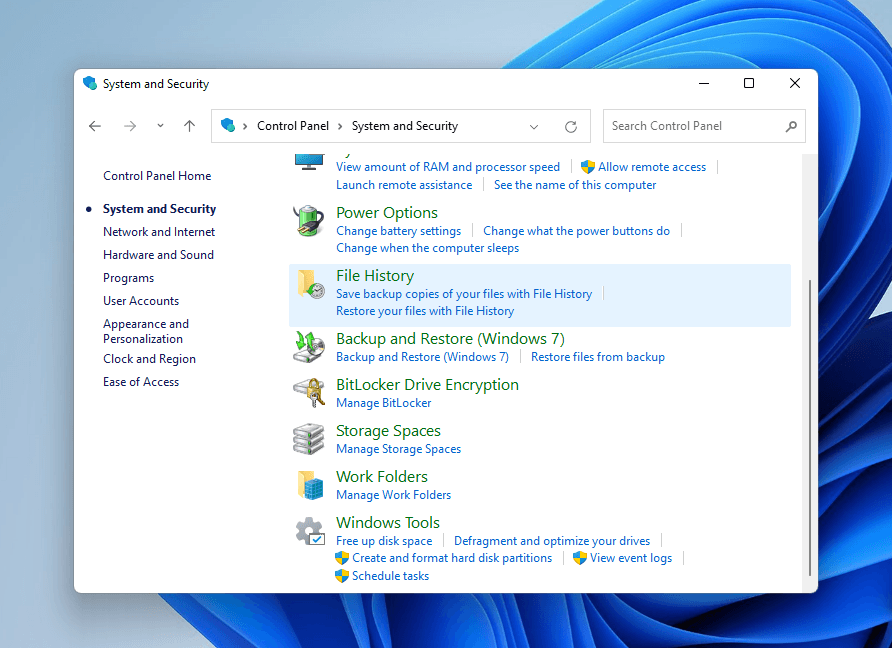 File History option in Control Panel's System and Security menu
