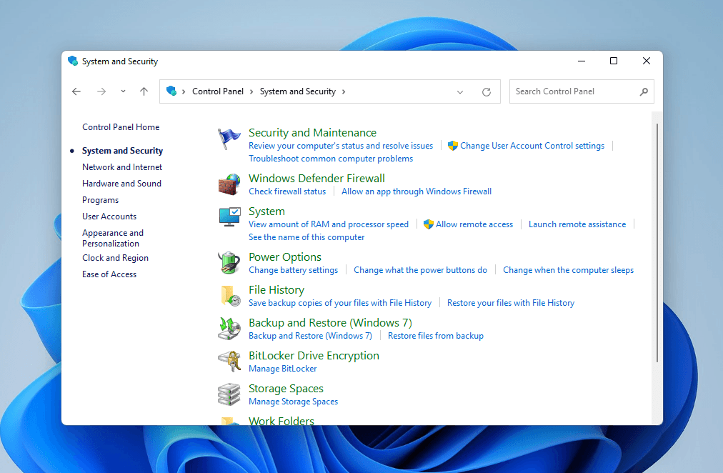 Selecting the File History option in Control Panel