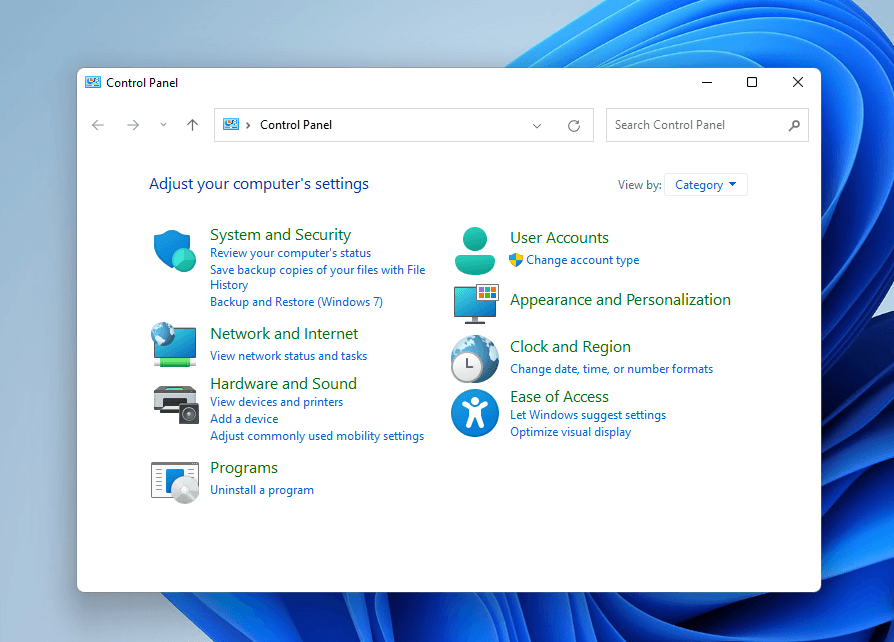 Selecting the System and Security option from Control Panel's main menu