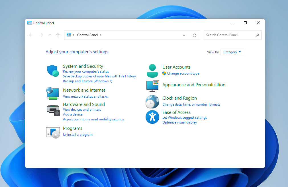 Opening the System and Security menu from Control Panel
