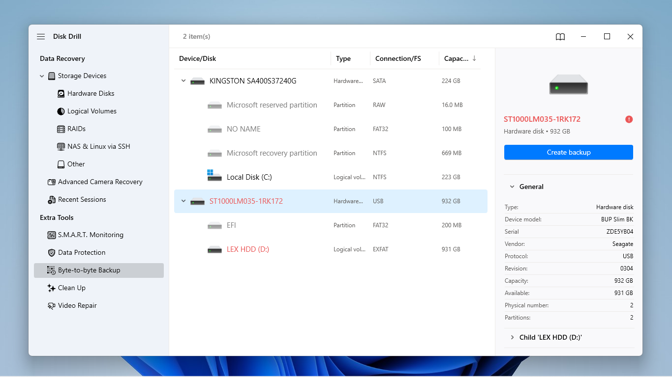 Disk Drill Byte-to-byte backup menu
