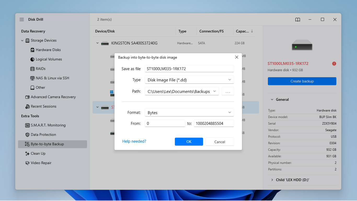 choose location for byte-to-byte backup