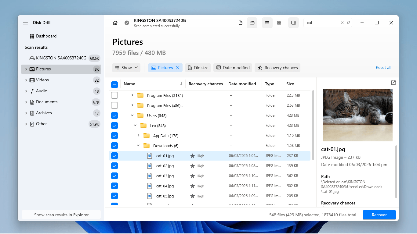 Previewing and selecting files in Disk Drill
