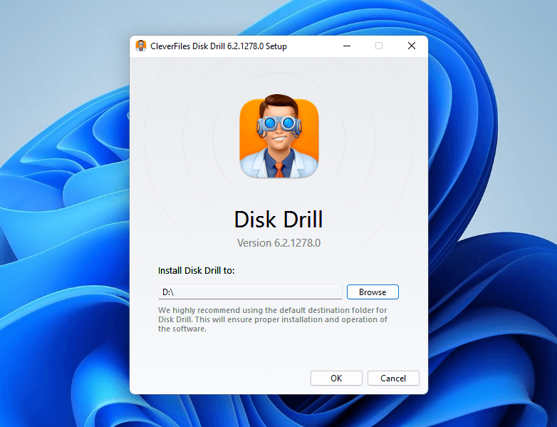 Setting Disk Drill's installation path to an external drive
