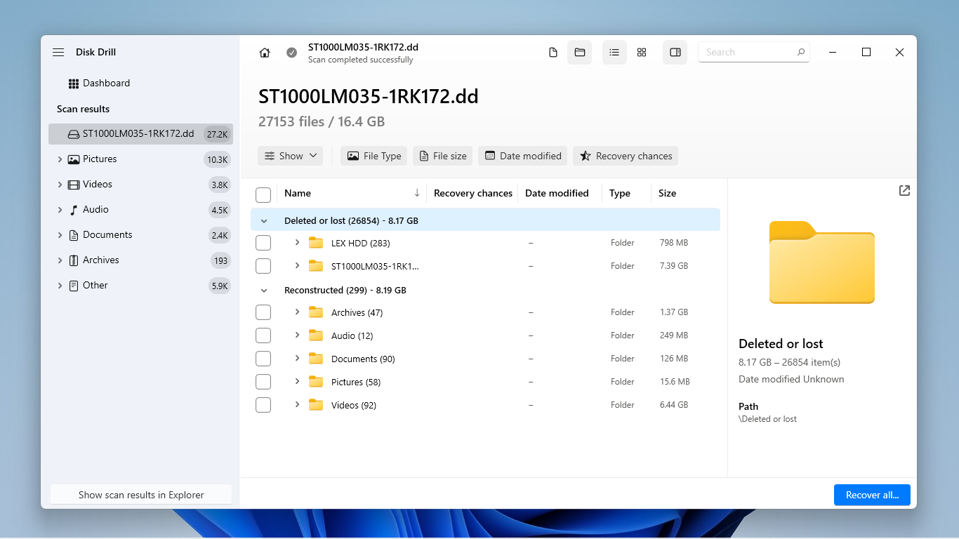 Disk Drill file browser and recovery categories