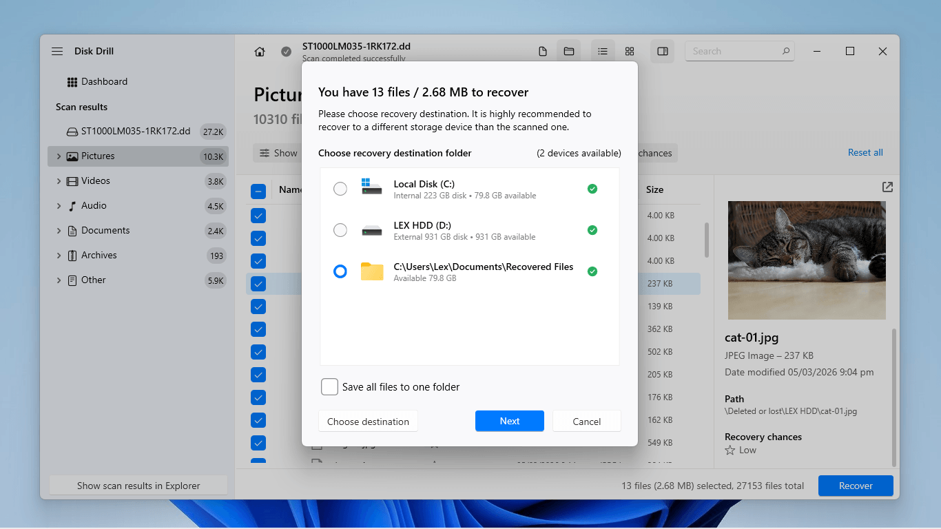 Disk Drill recovery folder selection menu