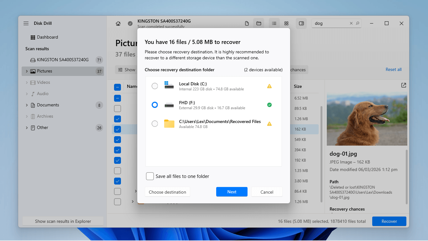 Disk Drill dialog box for choosing a destination folder for the recovered files