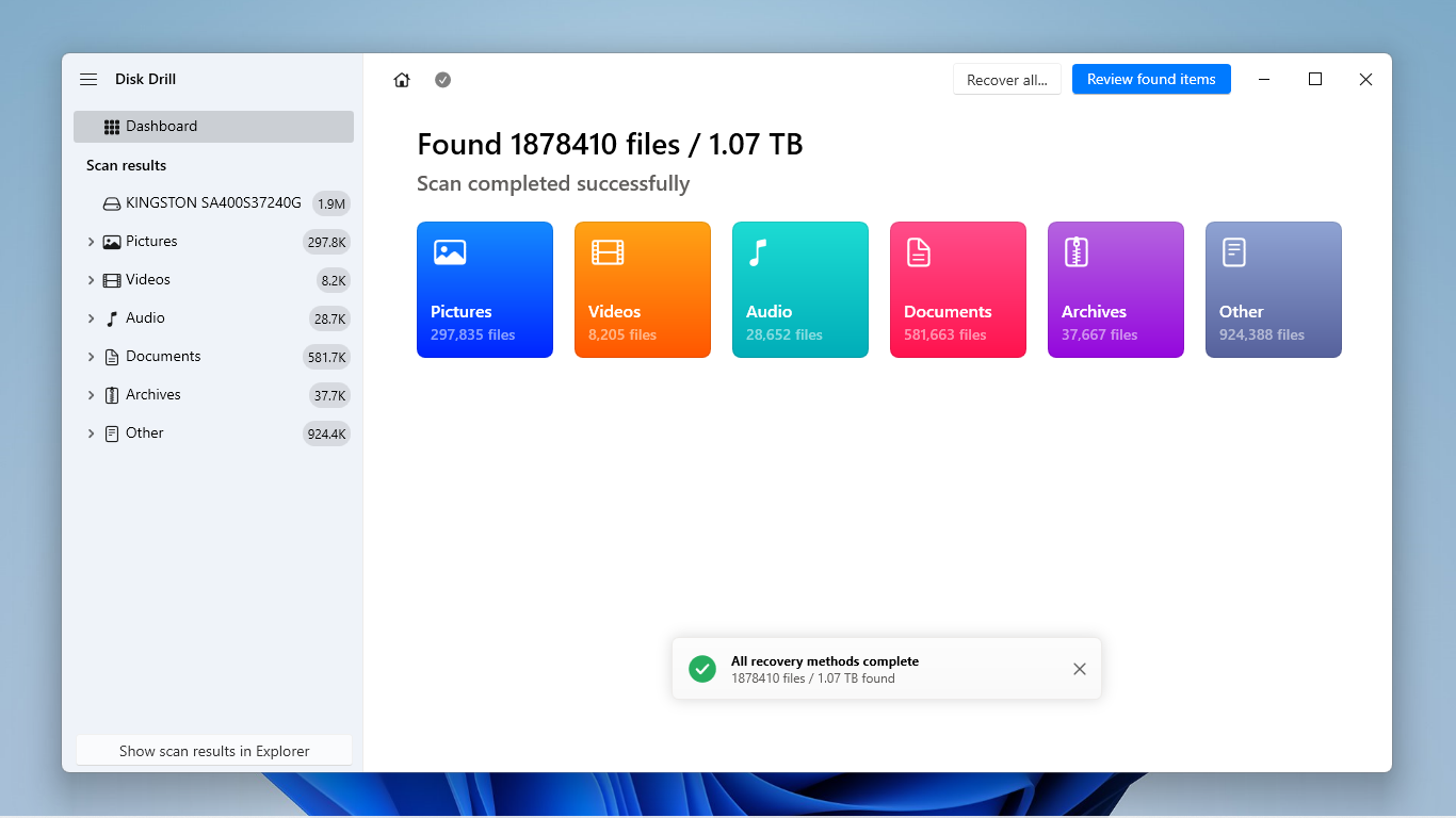 Disk Drill's scan completion page and "Review found items" button