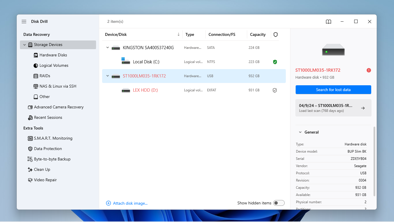 Disk Drill drive scan menu