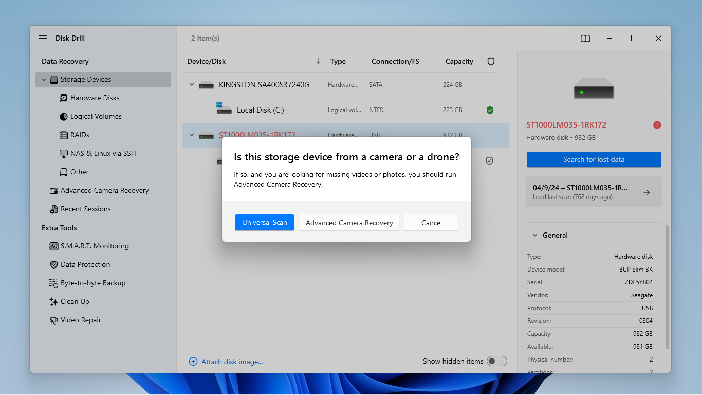 Disk Drill scan type prompt