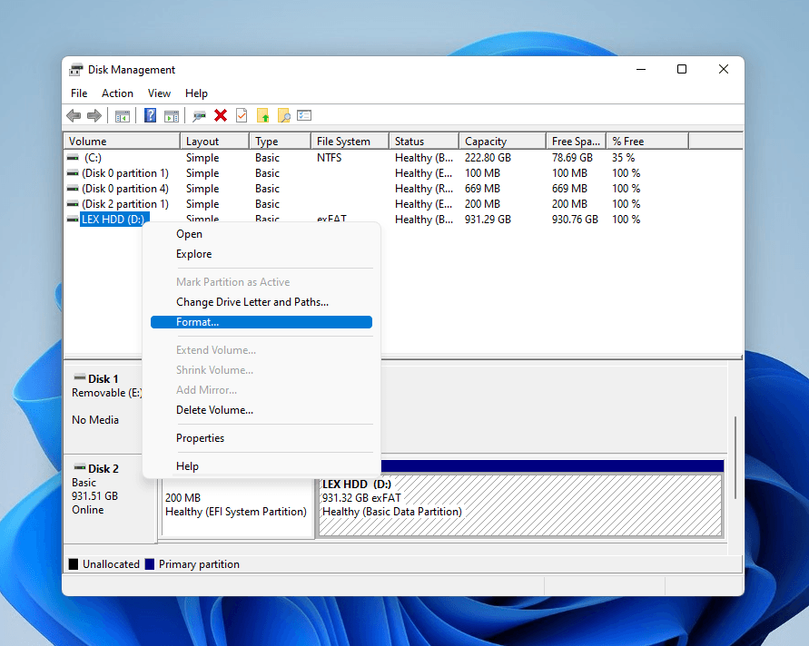 Formatting a drive in Disk Management via the right-click menu