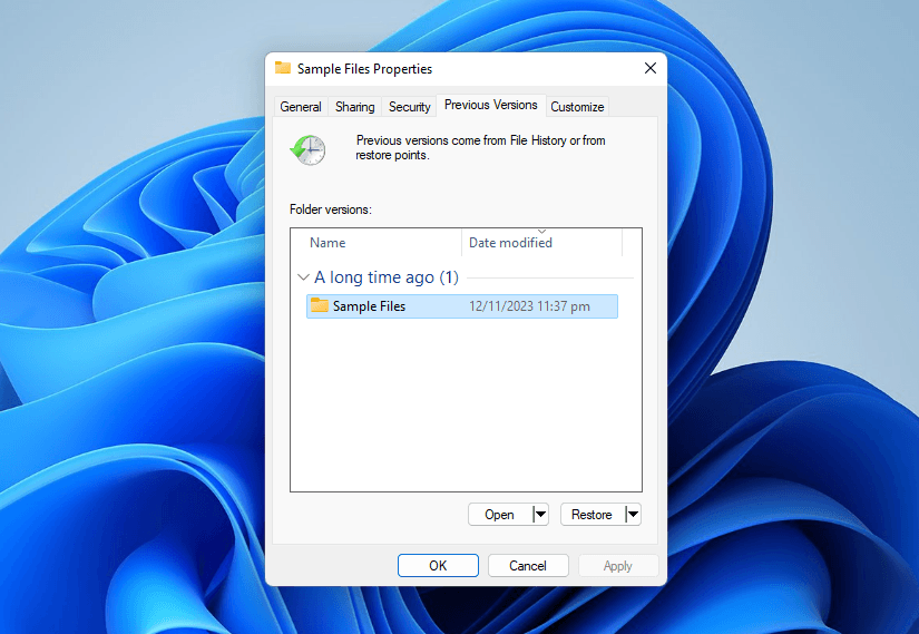 File History's Previous Versions dialog window for a folder