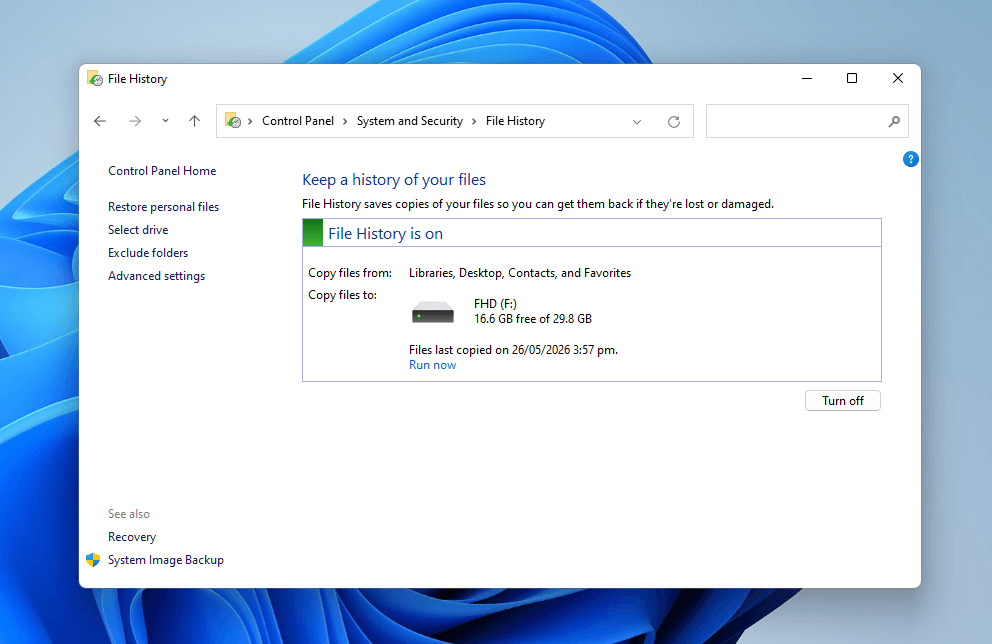 Restore personal files button in File History's System and Security menu
