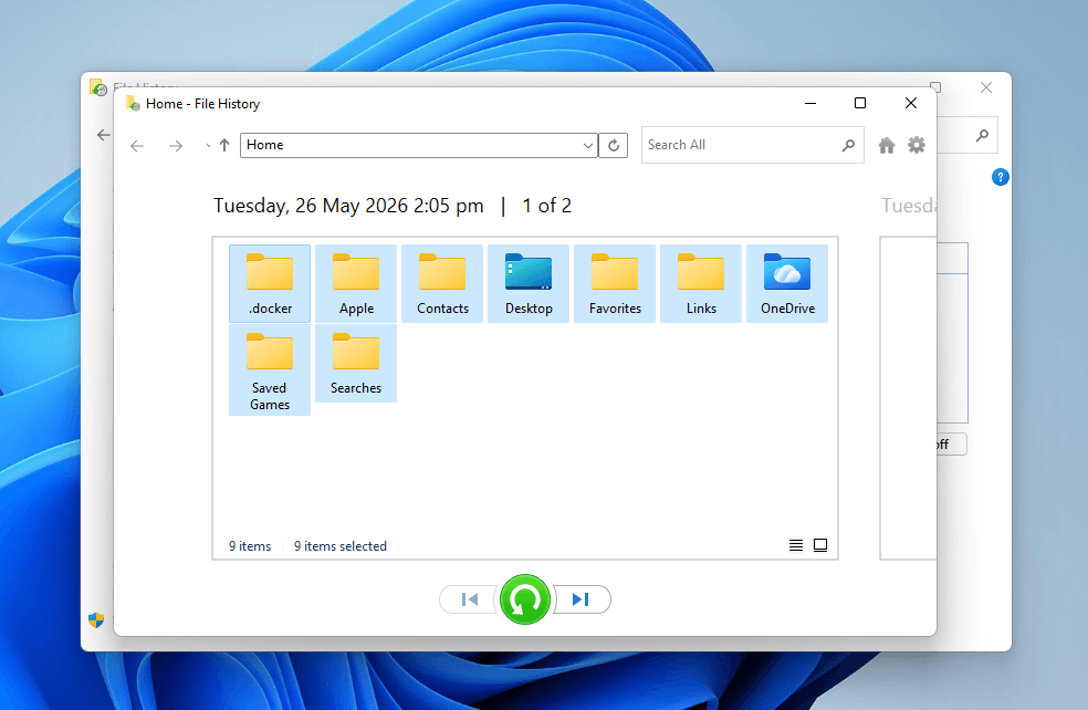 Restoring the main directories in the File History interface