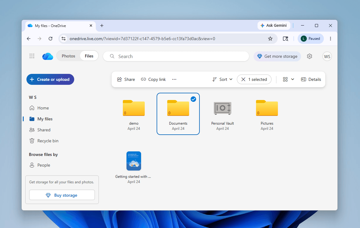 OneDrive website file browser