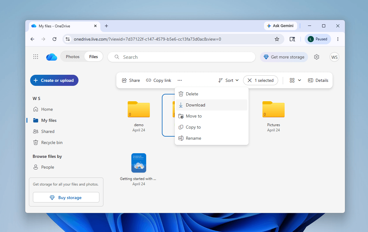 Download button in the right-click menu of a folder in OneDrive