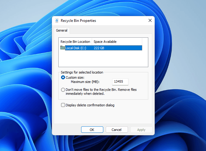 Dialog window for changing Recycle Bin's size limit