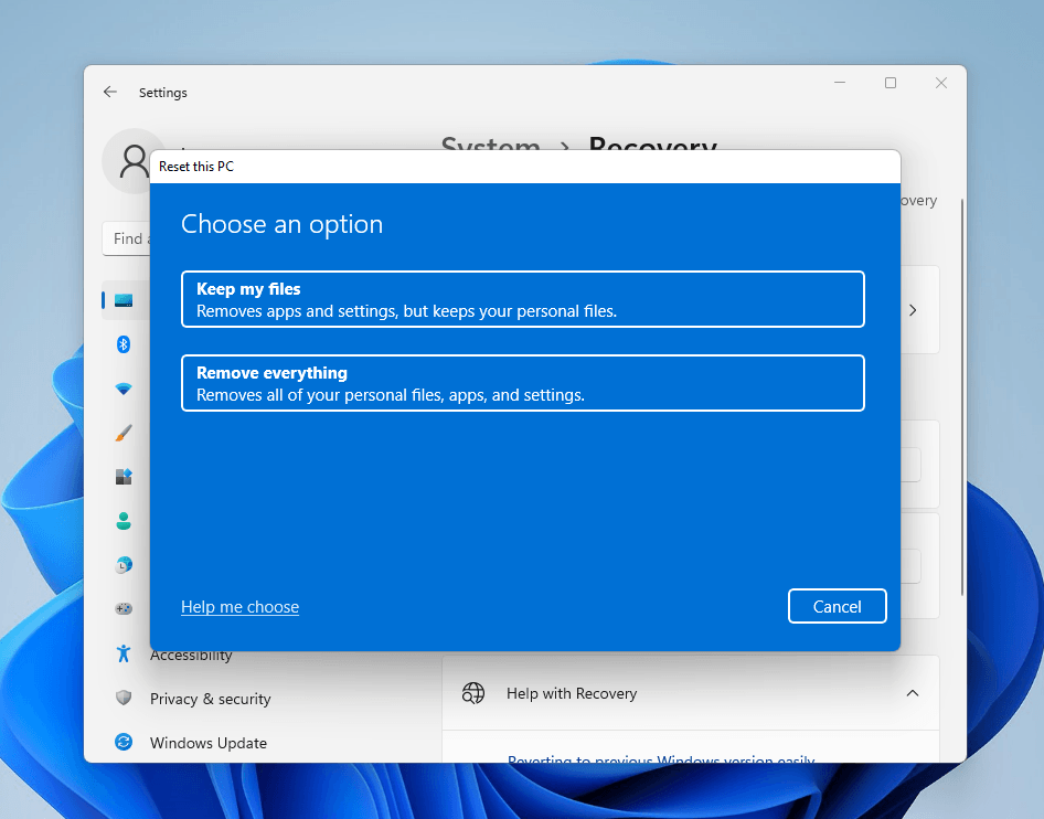 Data retention options for the Reset this PC operation
