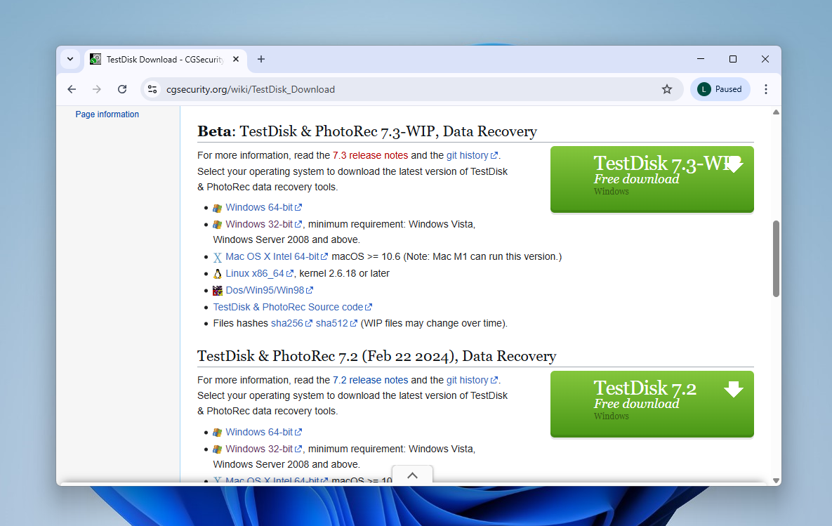 Downloading TestDisk from the CGSecurity website