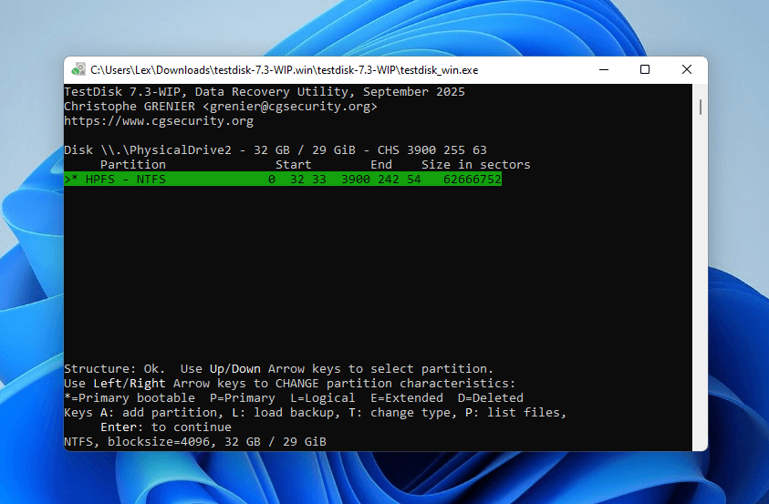 TestDisk displaying found partitions
