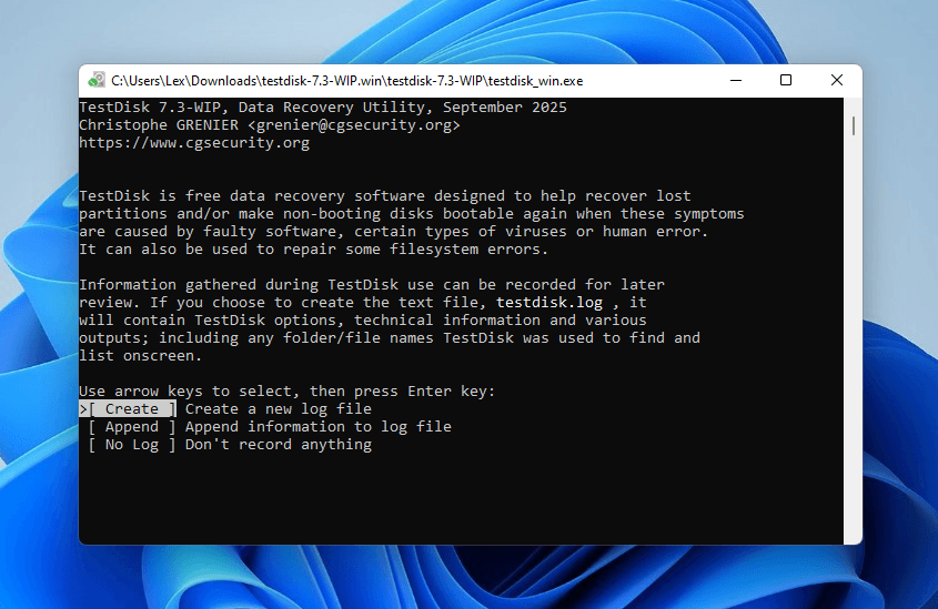 TestDisk log creation screen