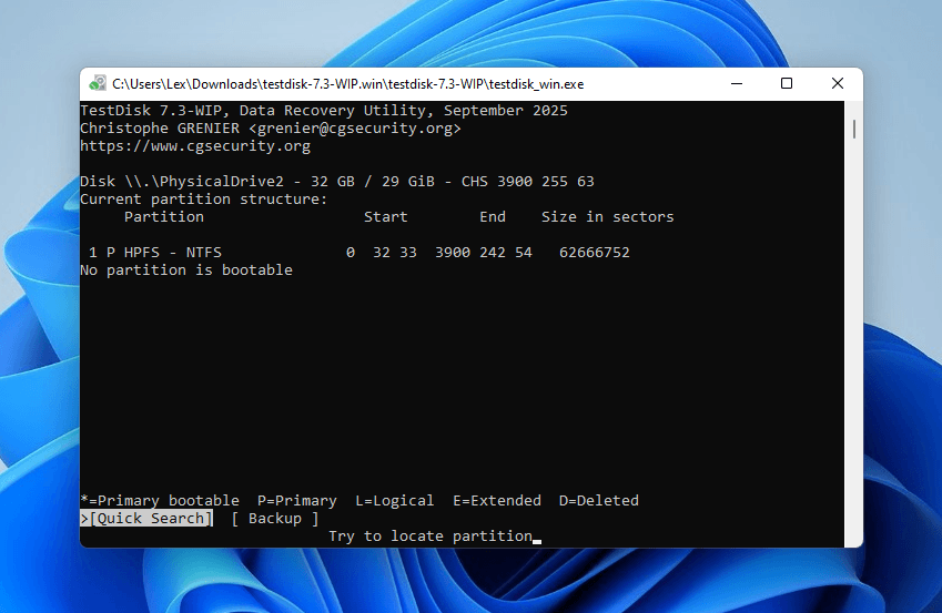 Running a Quick Search on a disk in TestDisk