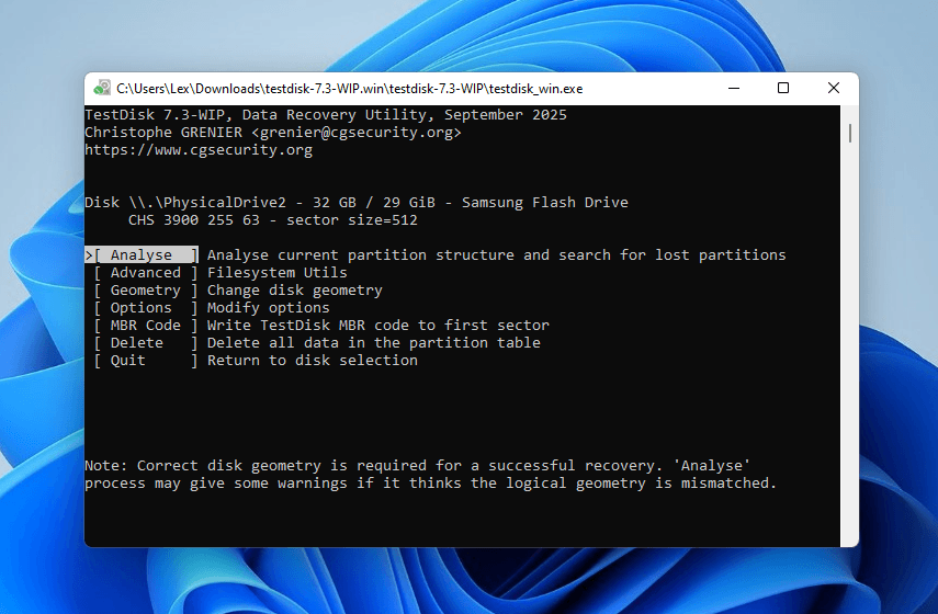 Choosing the Analyse tool in TestDisk