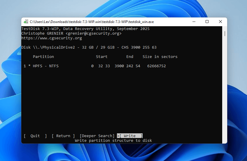 Writing the found partition to the disk using TestDisk