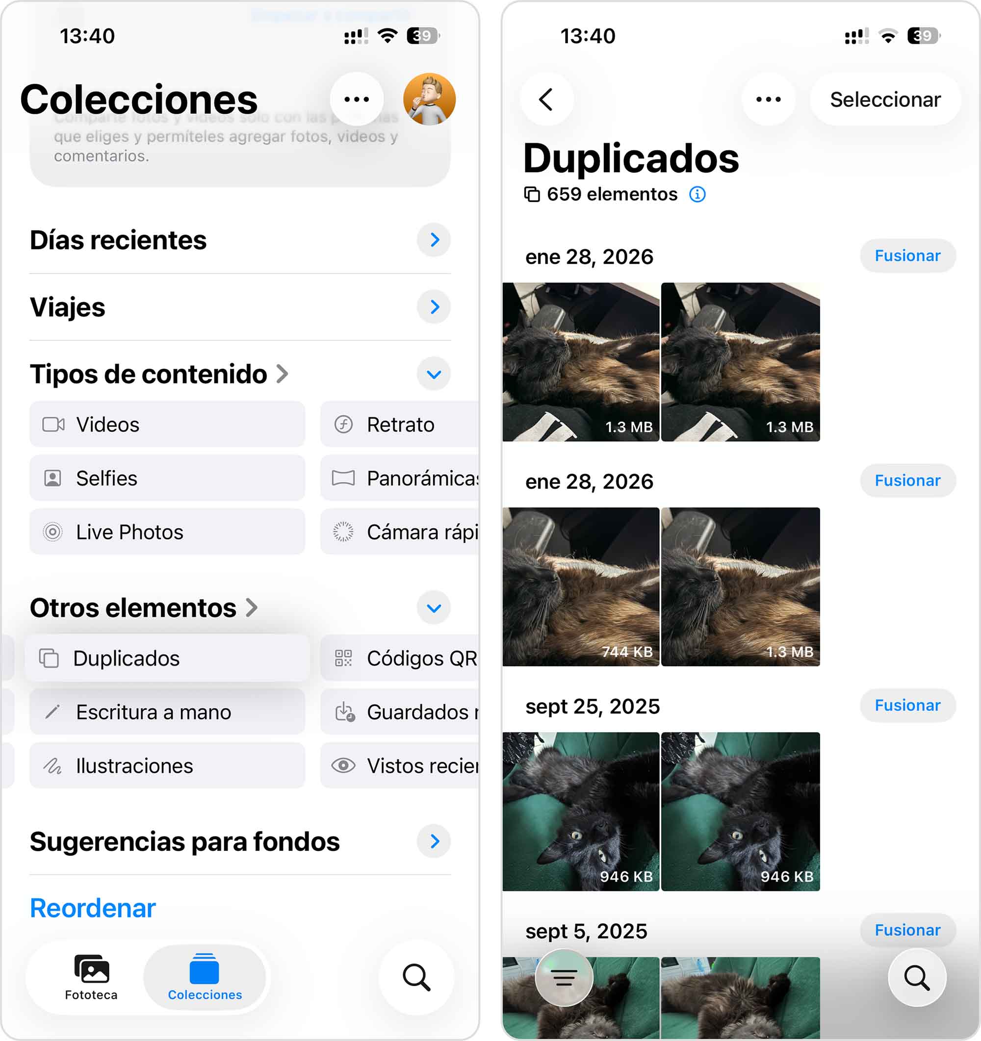Álbum de Duplicados integrado en iOS.