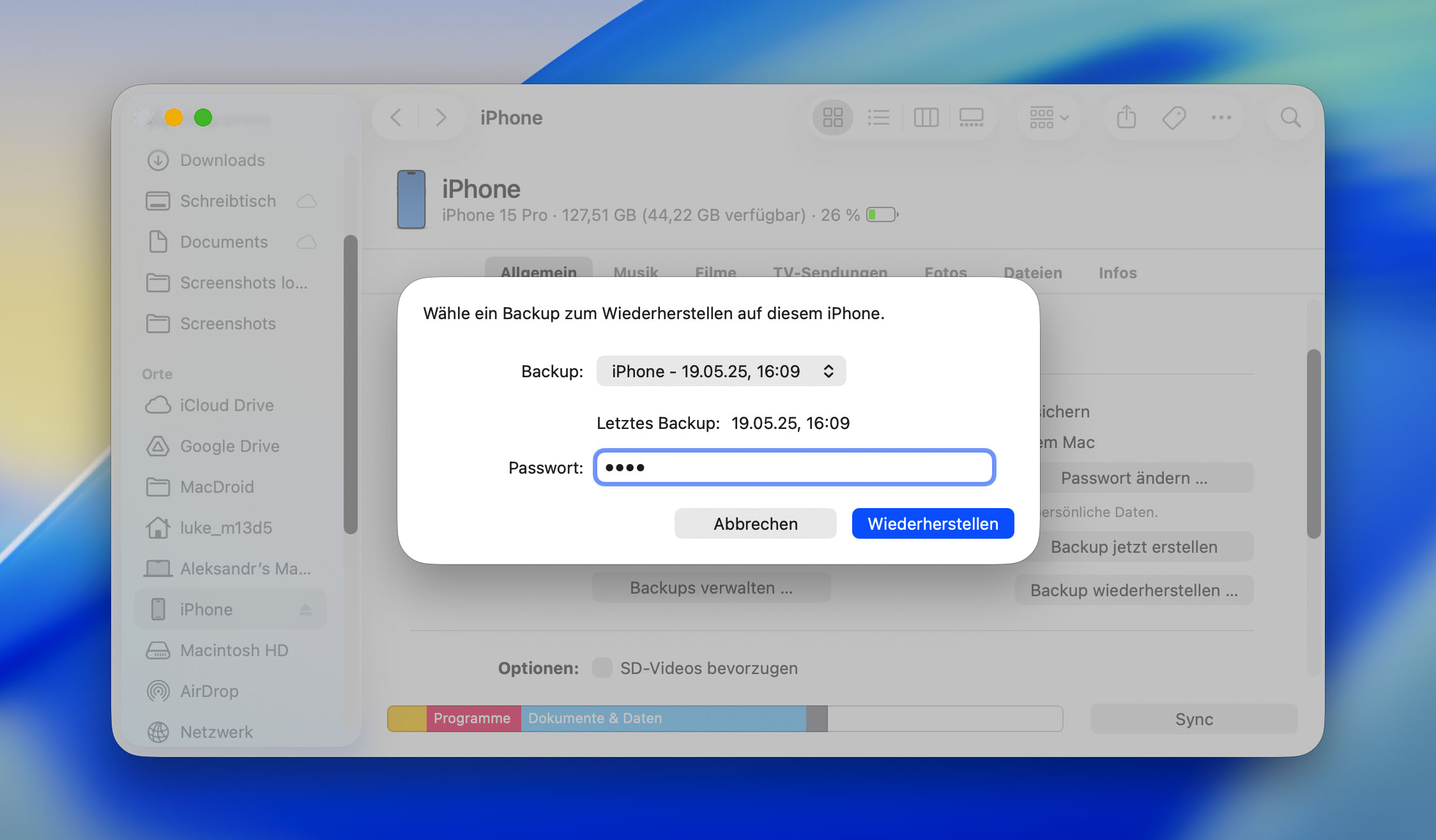 Wählen Sie „iPhone-Backup“ und klicken Sie auf „Wiederherstellen“.