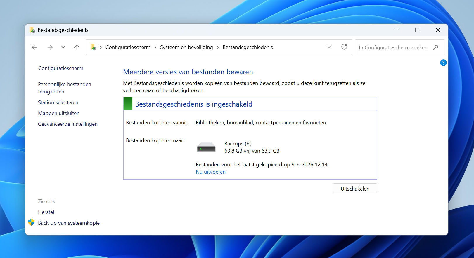 bestandsgeschiedenisinstellingen in het configuratiescherm